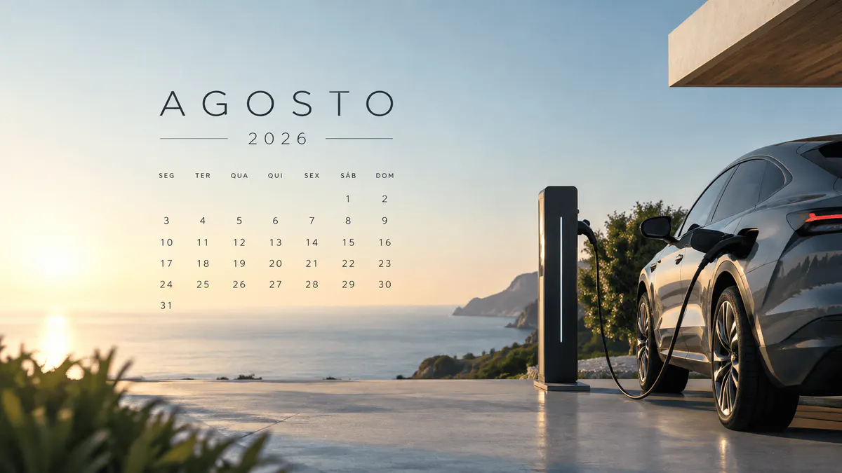 Imagem de um carro elétrico e do calendário de agosto de 2026, referente ao aumento das vendas dos eletricos nesse mês